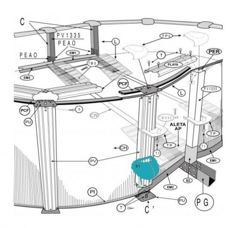 Esquema montaje protector inferior GRE PIPIW para poste de piscina desmontable