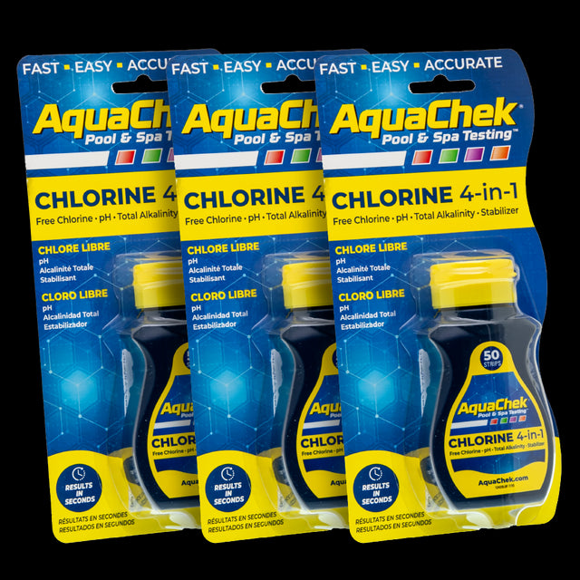 Pack 3 Tiras analíticas Aquachek Amarillo para cloro, pH, alcalinidad y ácido cianúrico.