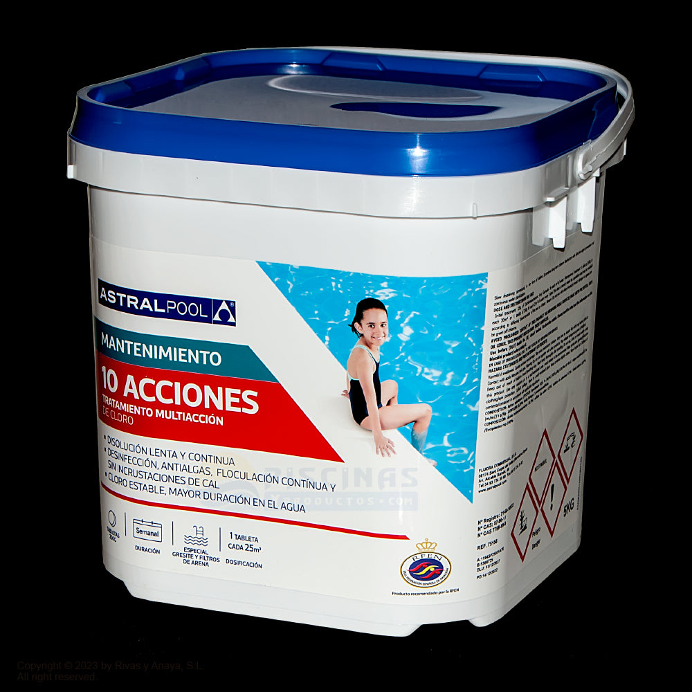 Cloro AstralPool Multi Action 10 Plus, tabletas 250 g. 5 Kg.