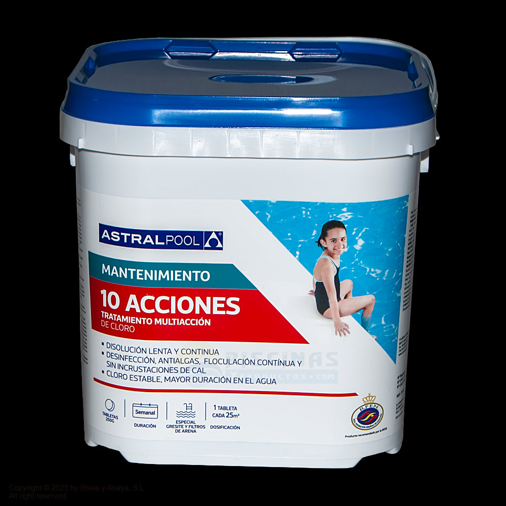 Cloro AstralPool Multi Action 10 Plus, tabletas 250 g. 5 Kg.