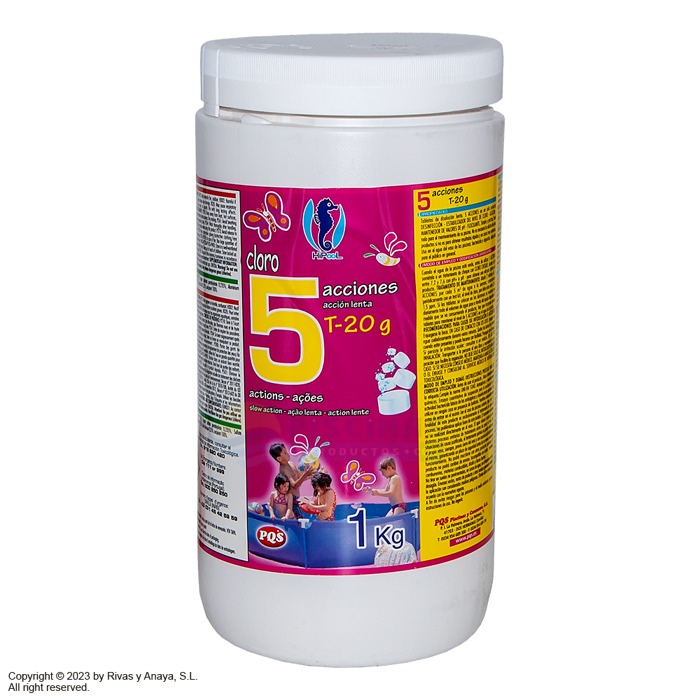 Cloro 5 acciones, pastillas 20 g. 1 Kg. PQS Hipool