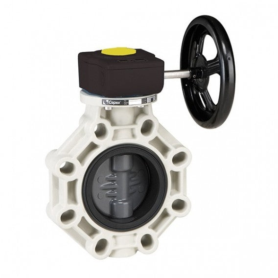 Válvula de mariposa serie industrial PVC de Ø 125 - 140 con eje en acero inoxidable FPM con reductor de Cepex