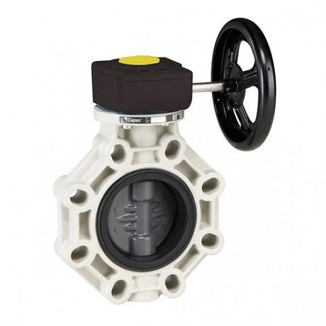 Válvula de mariposa serie industrial PVC de Ø 315 con eje en acero inoxidable FPM con reductor de Cepex