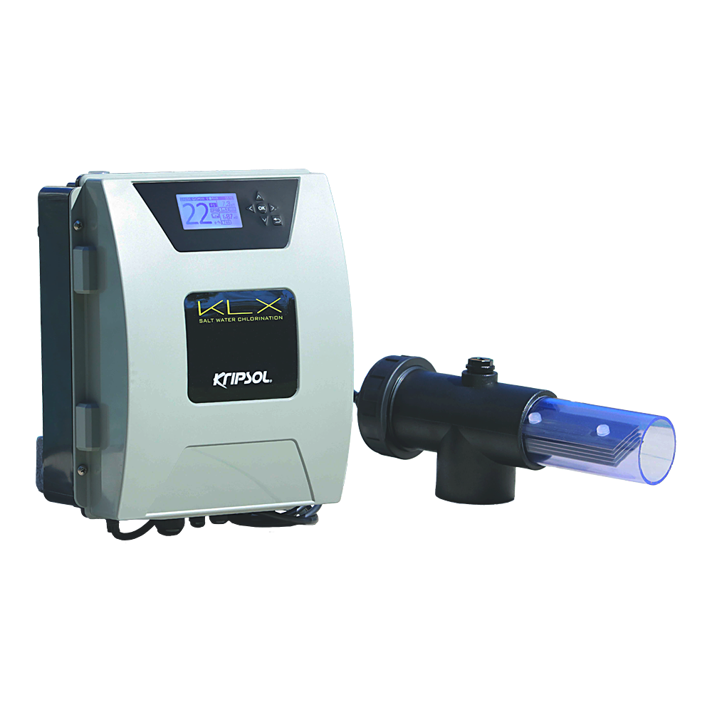 Equipo de cloración salina Kripsol KLX con célula de electrólisis para piscina