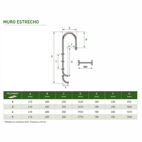 Plano técnico y medidas de escalera muro estrecho 4 peldaños acero inoxidable AISI 316 QP 500095FA