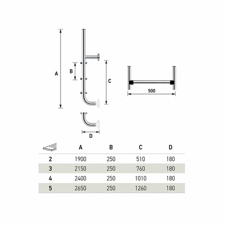 Plano técnico y medidas de escalera piscina Sky 4 peldaños acero inoxidable AISI 316 QP 520224F