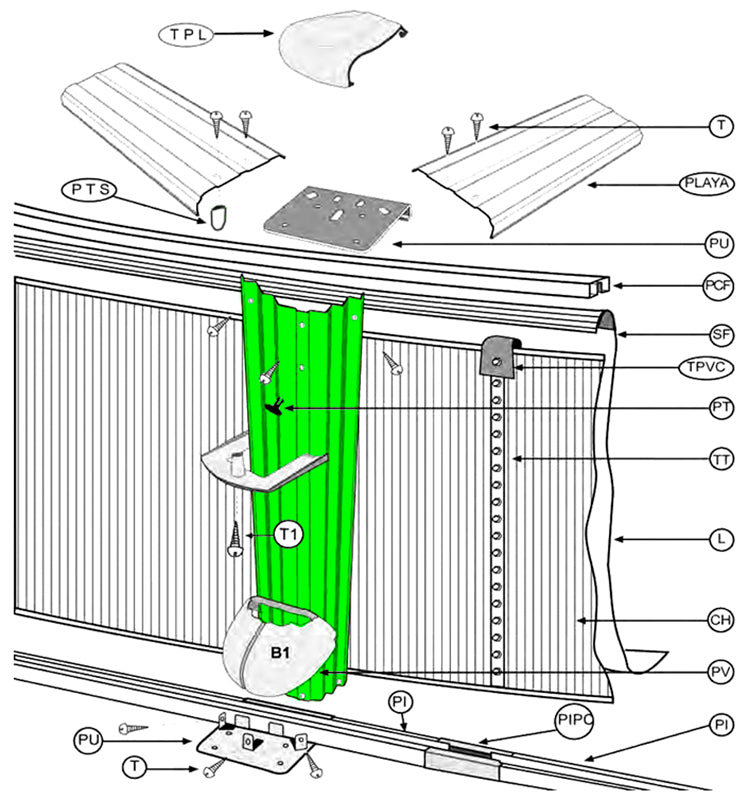 Ubicación de perfiles verticales GRE 129,5 cm blanco en estructura de piscina desmontable referencia PLV120081295