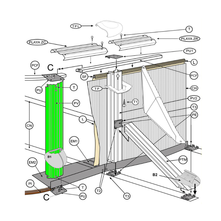 Ubicación de perfiles verticales GRE 129,5 cm gris claro en estructura de piscina desmontable referencia PLVG12081295