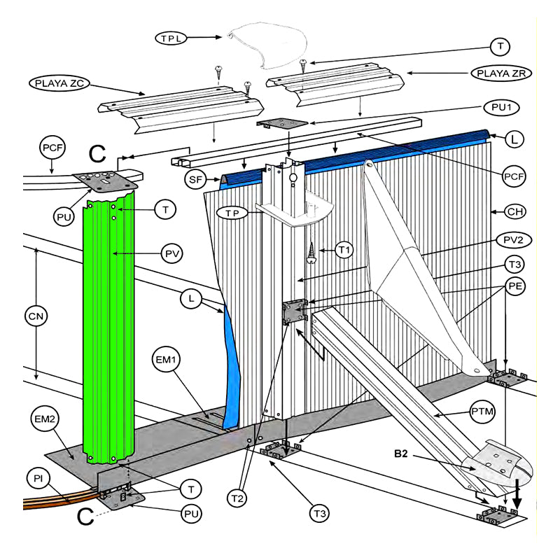 Ubicación de perfiles verticales GRE 129,5 cm blanco en estructura de piscina desmontable referencia PLV120121295